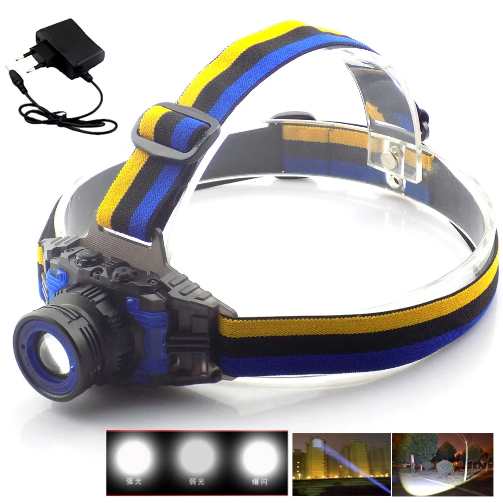 Powerful Headlamp Rechargeable Zoomable Focus Frontale LED Head Lamp Flashlight Torch Headlight for Fishing Camping + Charger