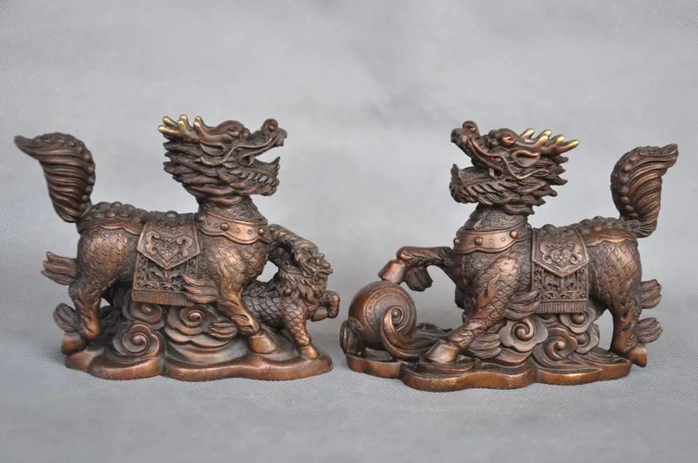 Free Shipping 5'' China Foo Dog Kylin Dragon Bronze Statue