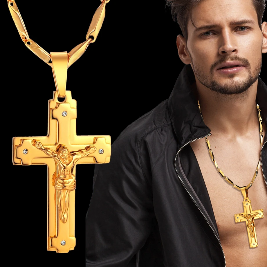 Big Stainless Steel Necklace Chain 4 Size Gold Color Christian Jewelry Jesus Crucifix Men\'s Cross Pendant Necklace For Men xl999