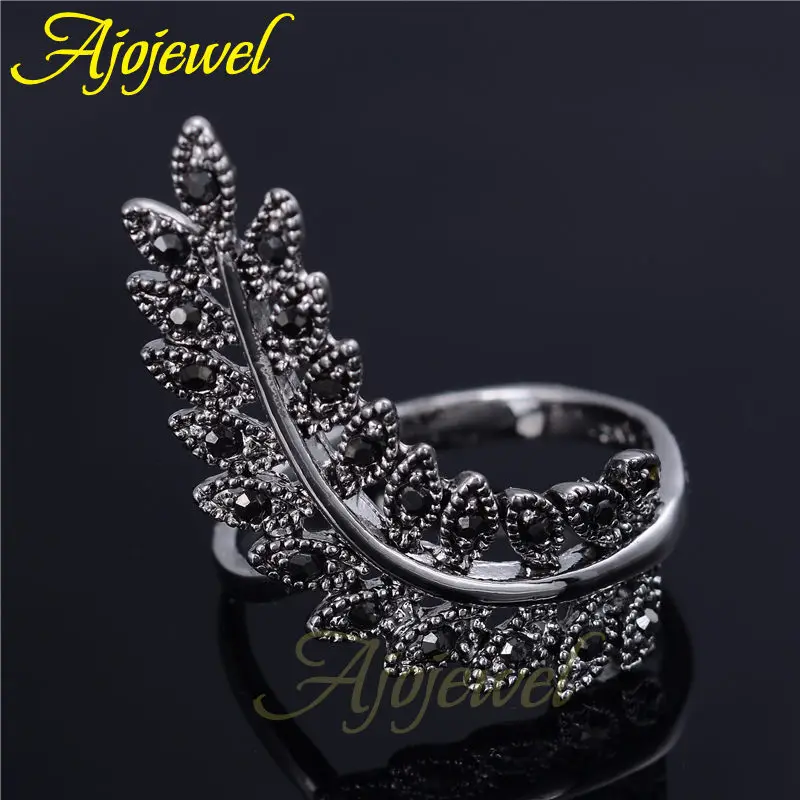 Ajojewel Original Black Rhinestone Leaf Ring Vintage Retro Chic Woman Jewelry For Fingers