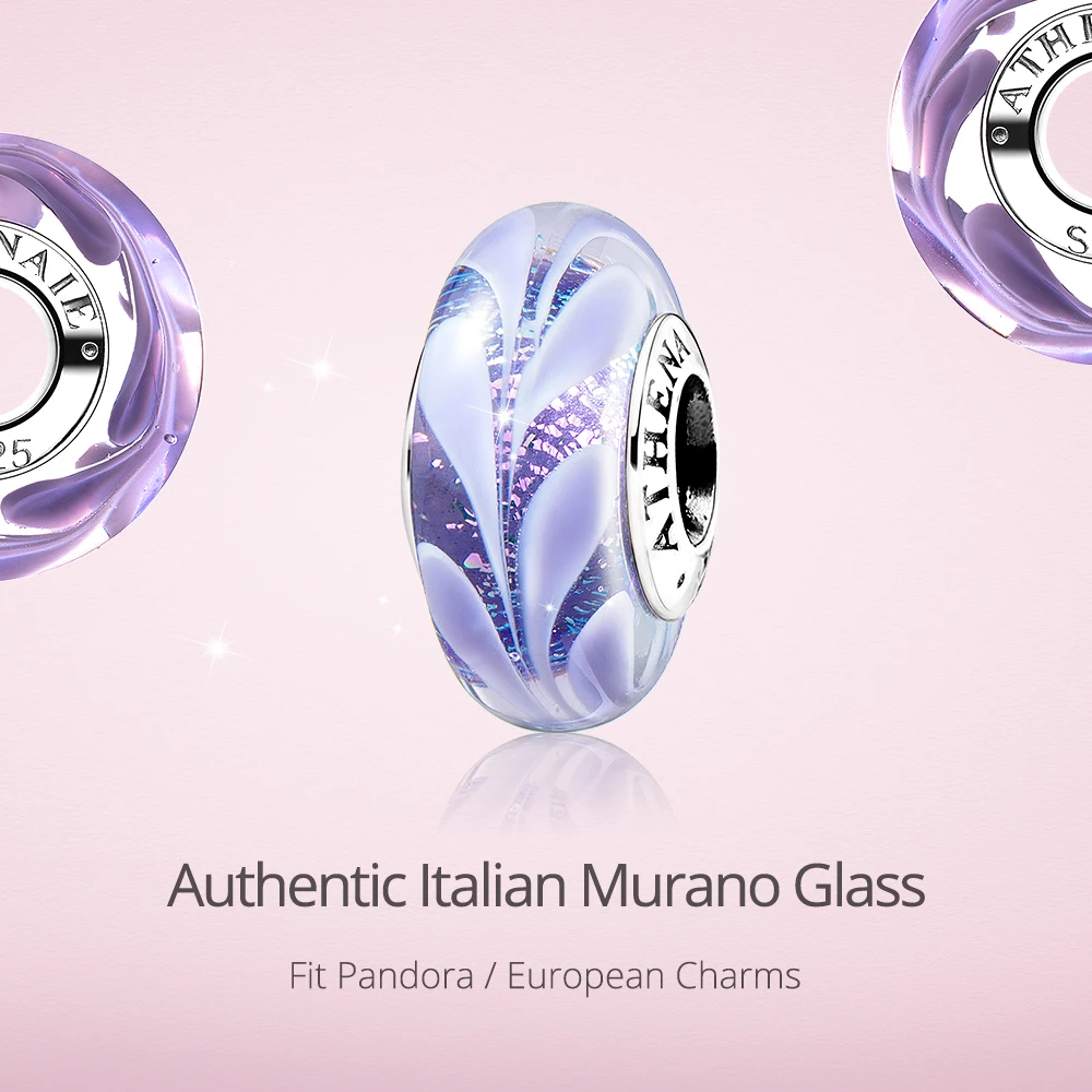 ATHENAIE Murano Glass Beads 925 Sterling Silver Hawaiian Charms Leaf Bead for Women Charm Bracelet Bangle DIY Bead Color Purple