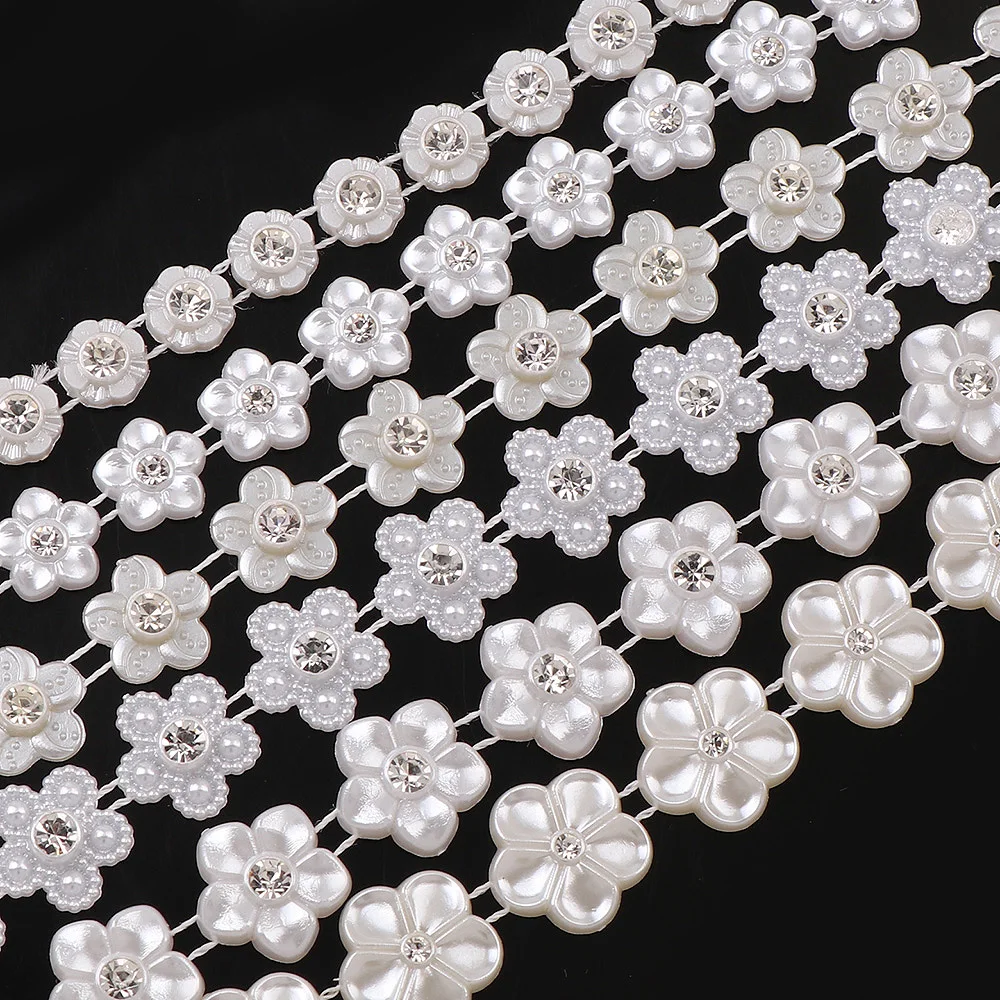 

1 Yard With Rhinestone ABS Flower Pearl Chain Bridal Beaded Appliques Garment Chain For Wedding Dress Crafts Jewelry Decor