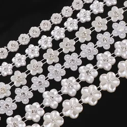 1 Yard With Rhinestone ABS Flower Pearl Chain Bridal Beaded Appliques Garment Chain For Wedding Dress Crafts Jewelry Decor