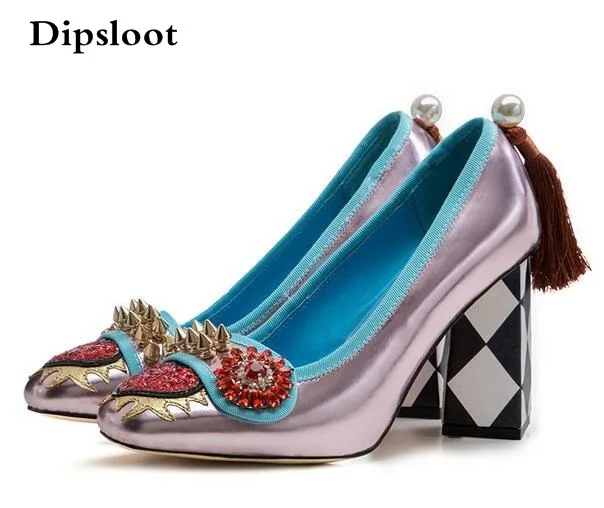 

Spring New Women Brand Purple Sliver Gold Patchwork Tassel On Heel Pearls Rivets Slip On 100 mm Embellished Mirror Leather Pumps