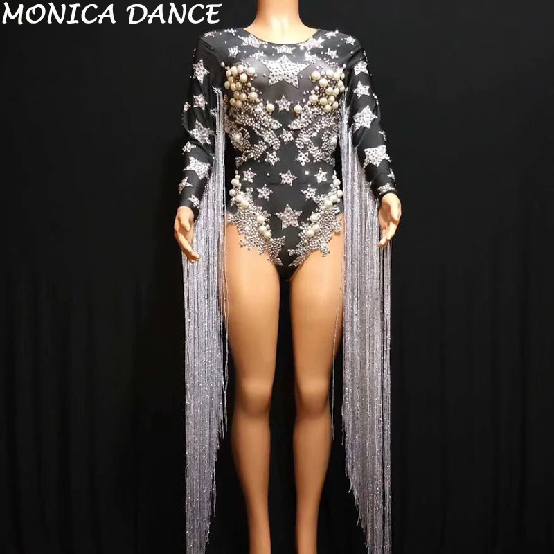 

Sexy Black Silver Fringes Crystals Bodysuit Women Stage Show Stretch Leotard Nightclub Party Big Pearls Costume Dance Bodysuit