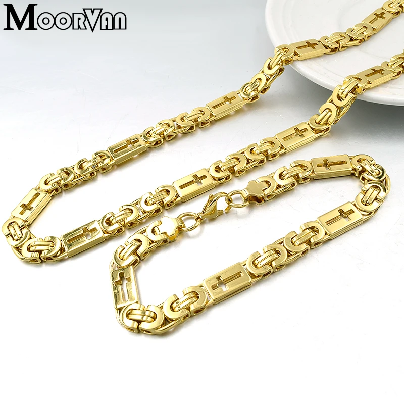 Moorvan unique flat byzantine necklace/bracelet (55cm+22cm) men chain link cross jewelry set VBD028