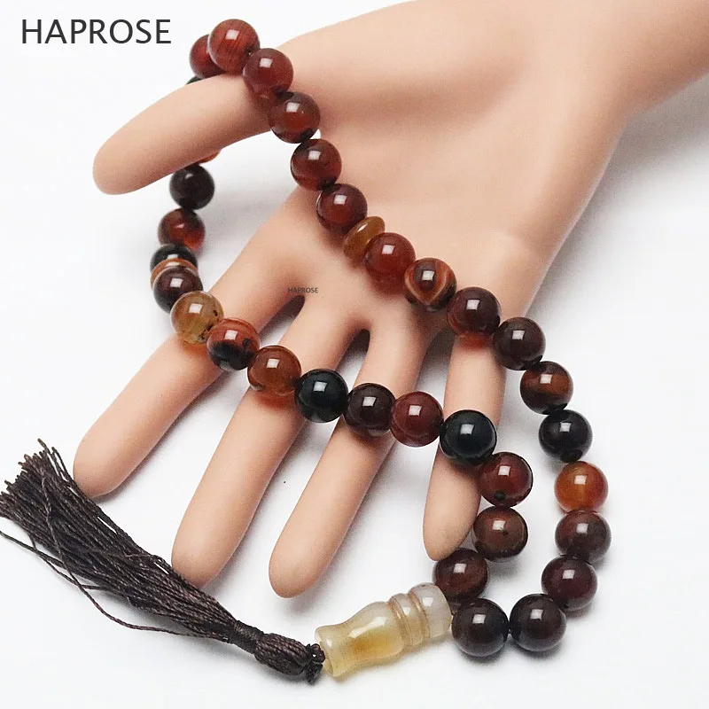 New Natural Stone Round Shape Jewelry 12mm Big Agate 33 Prayer beads Islamic Muslim Tasbih Allah Rosary Bracelet with Tassel