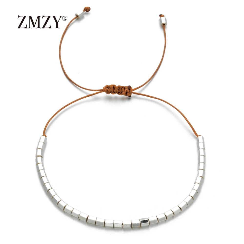 ZMZY Adjustable Square Silver Plated Hematite Bracelets Minimalist Small Beads Braclet For Women Yogo Biker Hand Jewelry