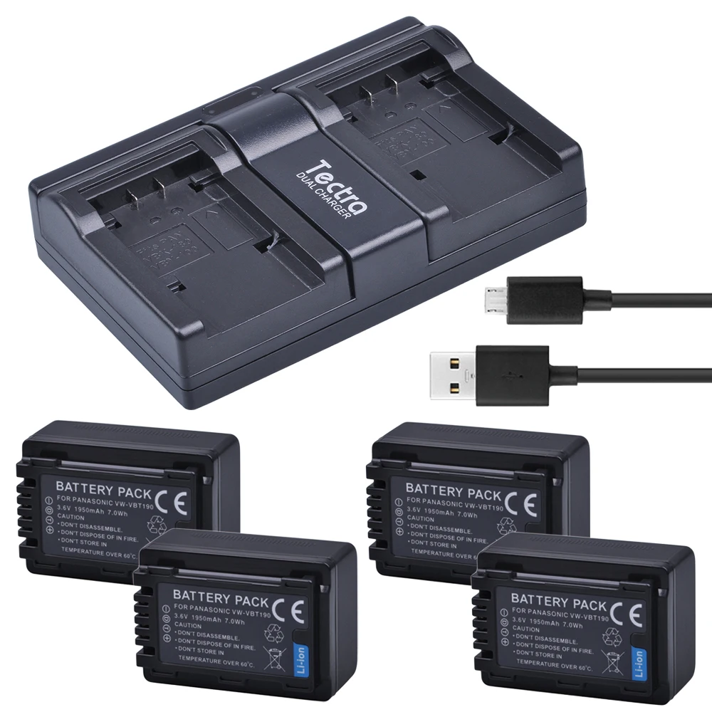 

Tectra 4PCS VW-VBT190 VBT190 Li-ion Battery +USB 2-Channel Charger for Panasonic HC-V110 HC-V130 HC-V160 HC-V180 HC-V201 HC-V210