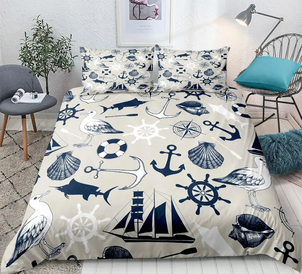 Compass Duvet Cover Set Queen Sailboat Boy Bedding Set Marine element Shell Quilt Cover Fish 100% Microfiber Vintage Bedspreads