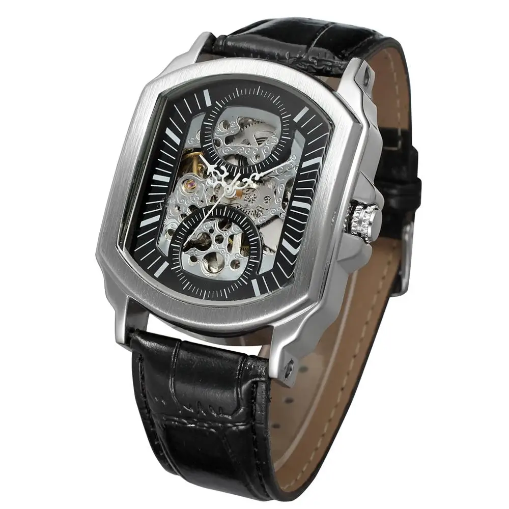 T-WINNER WATCH Creative surface double circle black no digital dial leather strap men\'s mechanical wrist watch