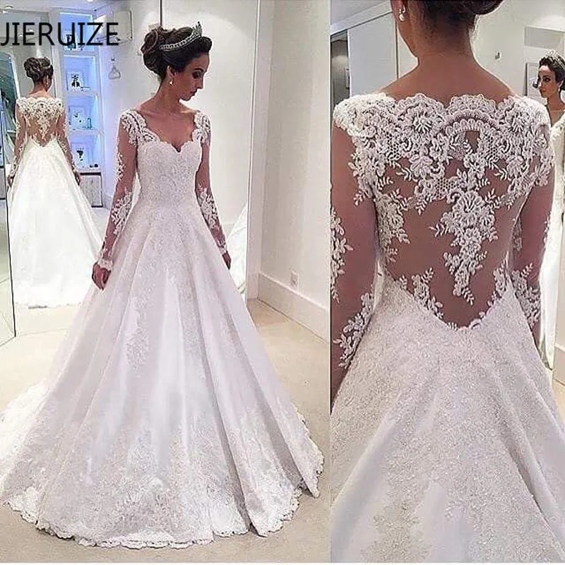 JIERUIZE White Lace Appliques Long Sleeves Wedding Dresses 2019 V-neck Sheer Back Bridal Dresses Wedding Gowns abendkleider