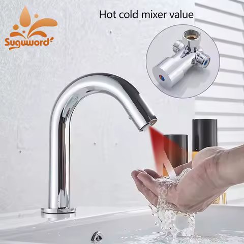 Suguword Chrome Infrared Sensor Basin Sink Faucet Touchless Automatic Touch Free Water Saving Sensor Deck Mount Sense Mixer Tap