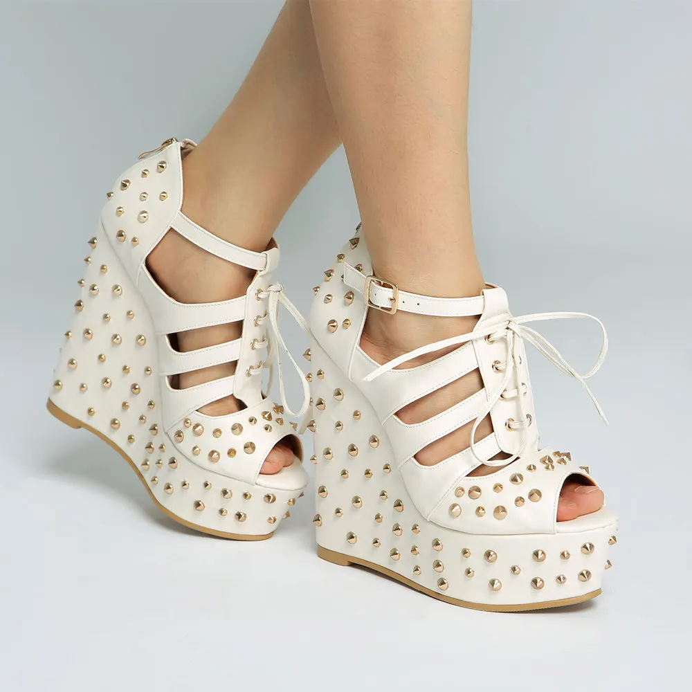 

Summer Gold Metal Rivets Studs Super Wedge Heels Sandals White Leather Platform Front Lace up Ladies Punk Style Sandalias Shoes