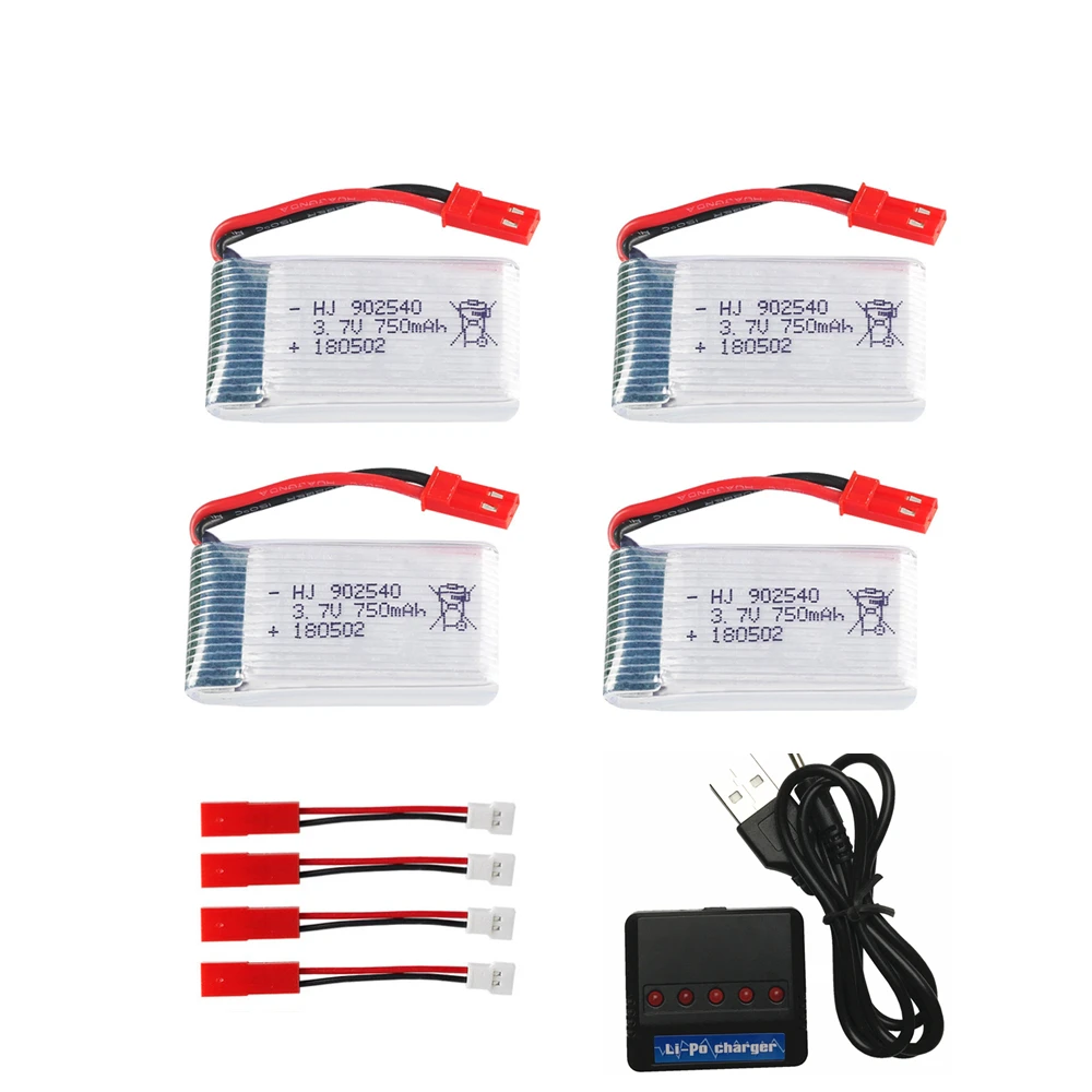 4 pcs 3.7v 750mah 25c Lipo Battery  with 5in1 Charger for MJX X400 X800 X300C X500 X200 RC Quadcopter Drone