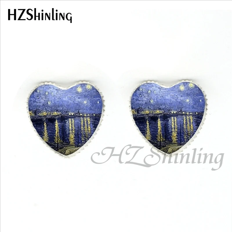 HER-0014 Fashion The Starry Night by Vincent Earring Handmade Van Gogh's Painting Heart shaped Stud Earrings Jewelry