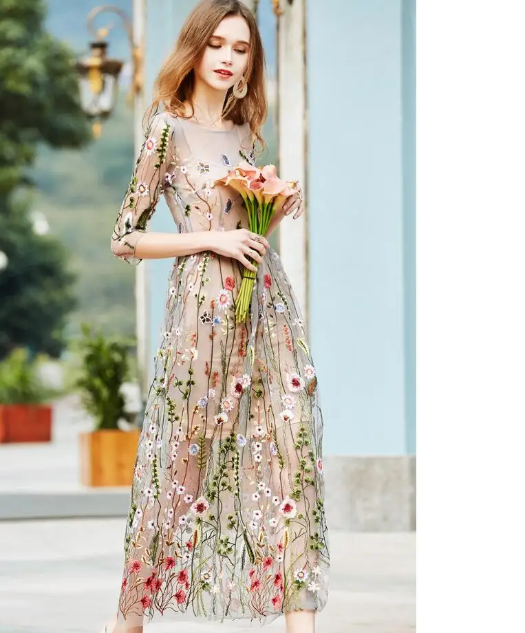 2022 fashion Embroidered flowers Dresses Women Half Sleeves Sheer Mesh sexy Party Dresses De Festa q208