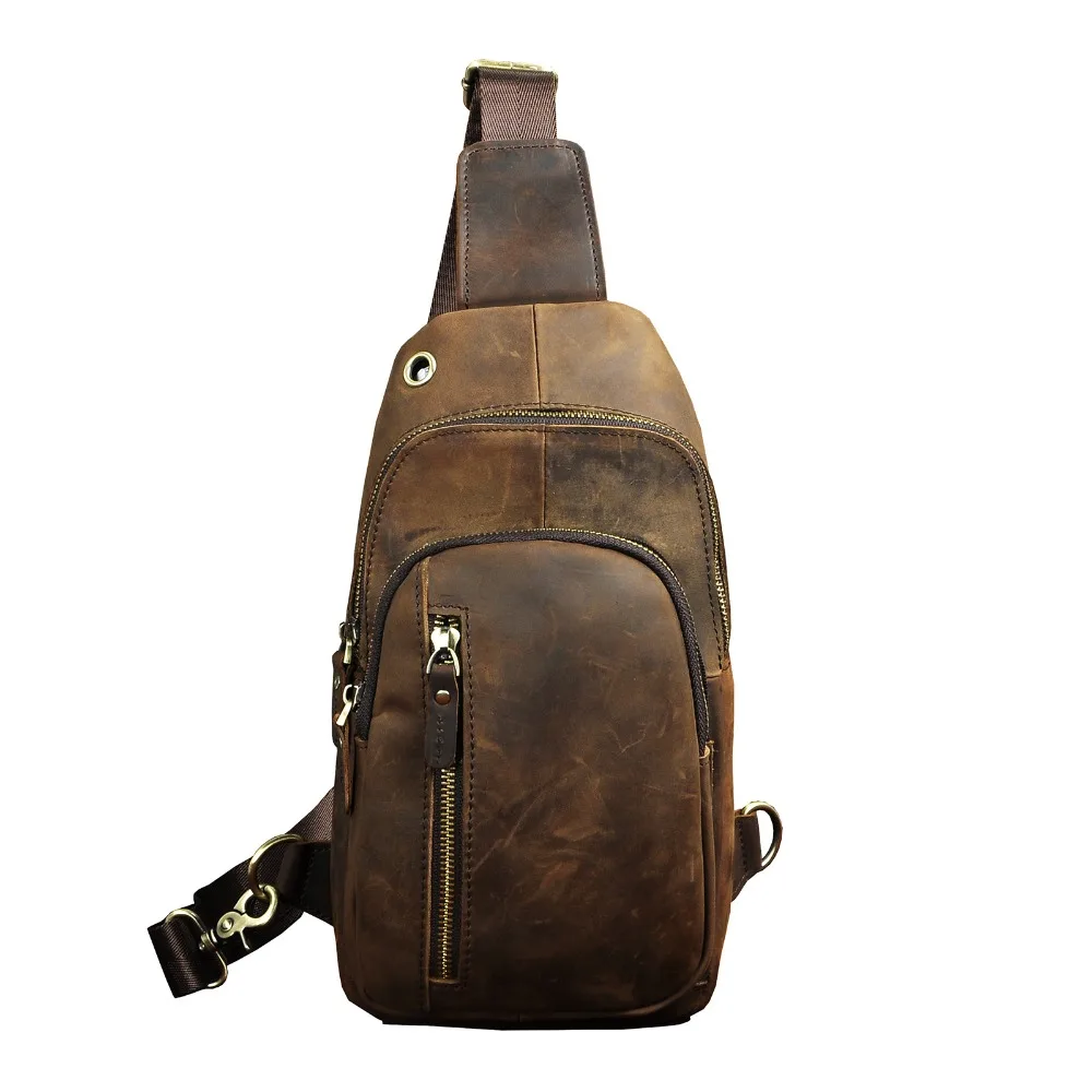 

Original Leather men Casual Fashion Travel Triangle Chest Sling Bag Design 8" Tablets One Shoulder Strap Bag Daypack Male 8005