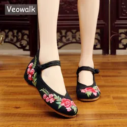 Veowalk-bailarinas de lona bordadas Vintage hechas a mano para mujer, zapatos planos de Ballet, bailarinas chinas cómodas, zapatillas vegana bordadas