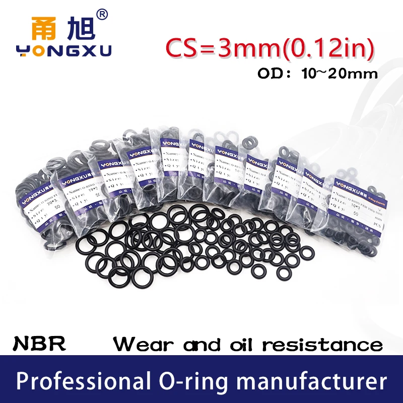 50PCS/Lot Black NBR Sealing O-Ring CS3mm Thickness OD10/11/12/13/14/15/16/17/18/19/20*3mm Seal Rubber Gasket Rings Washer