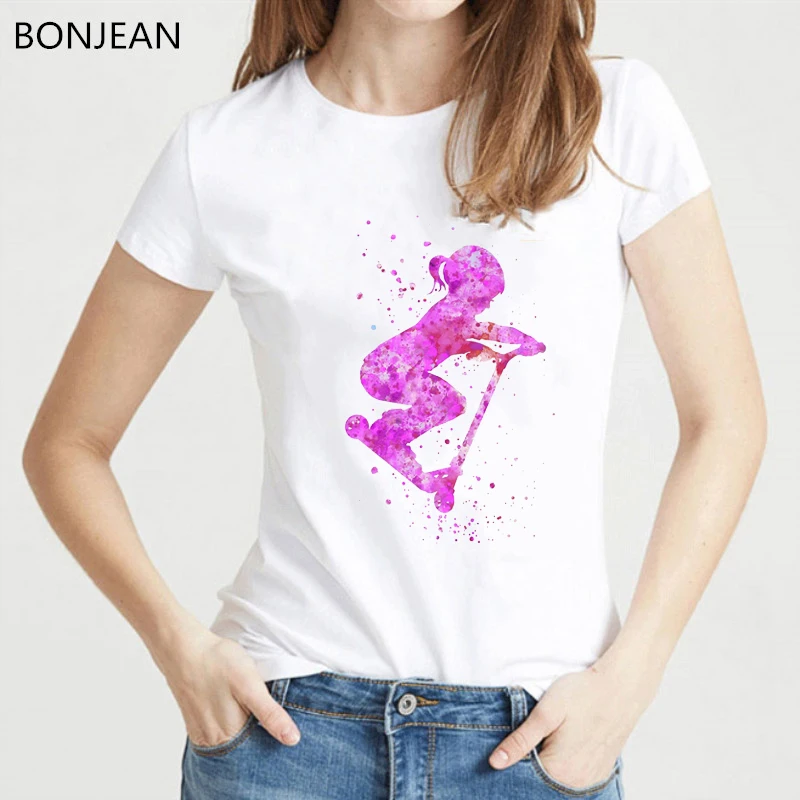 

New Arrival 2024 Tshirt Women Pink Watercolor Little Girl Riding Scooter Tee Shirt Femme Harajuku Kawaii T-Shirt Female Tumblr