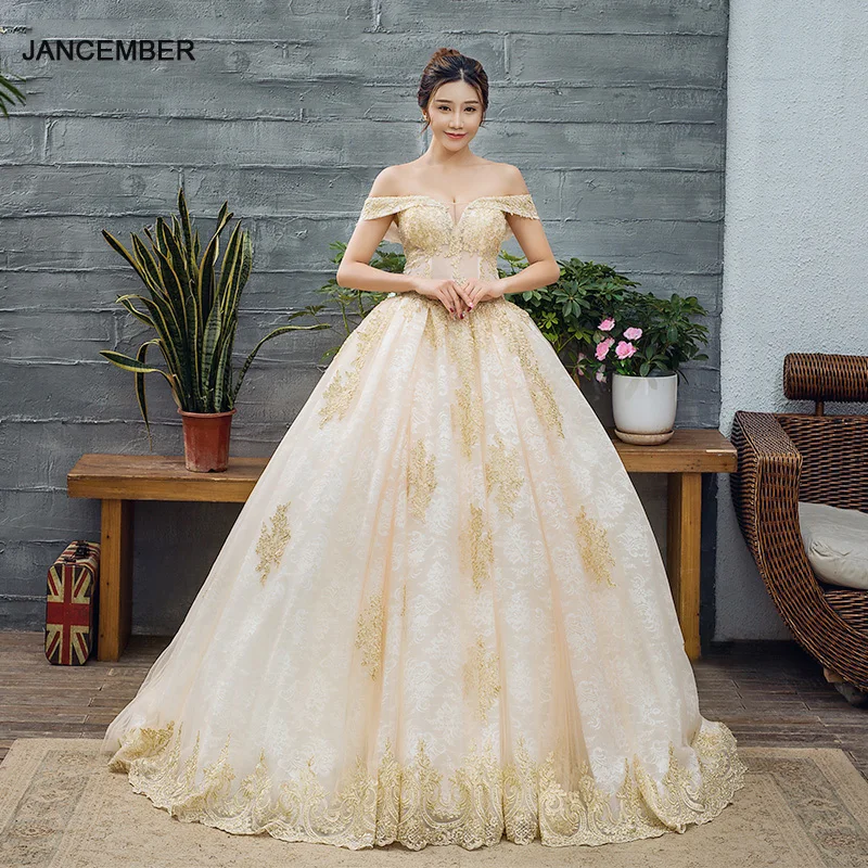 J66651 jancember wedding dresses off the shoulder golden lace v-neck floor length ball gown bridal dresses vestido de festa 2019