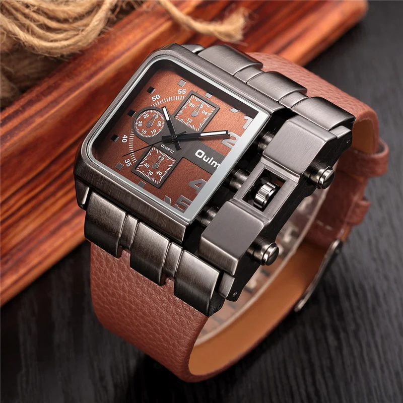 Oulm 3364 Big Size Men\'s Square Watches Male Quartz Clock Casual Leather Wristwatch Luxury Brand Military Watch reloj hombre