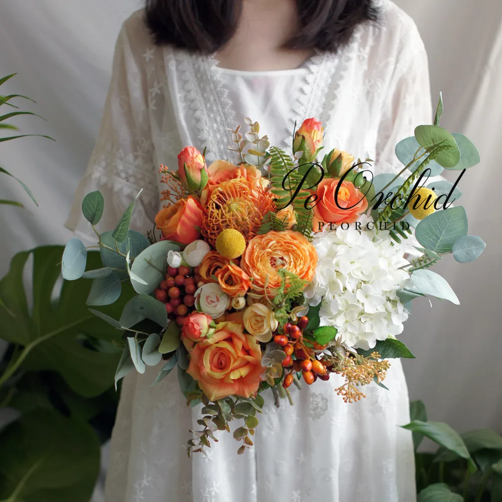 Bouquets de fleurs de mariage en soie Orange, fleurs de mariée, hortensia, Rose artificielle, demoiselle d'honneur, tenue à la main, été/automne 2019