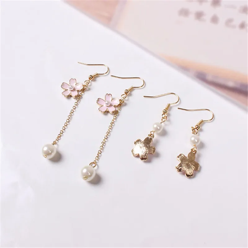 The New Cherry Earrings Jewelry Source Factory Wholesale Japanese Original Cherry Blossom Series Pearl Tassel Japanese Earrings