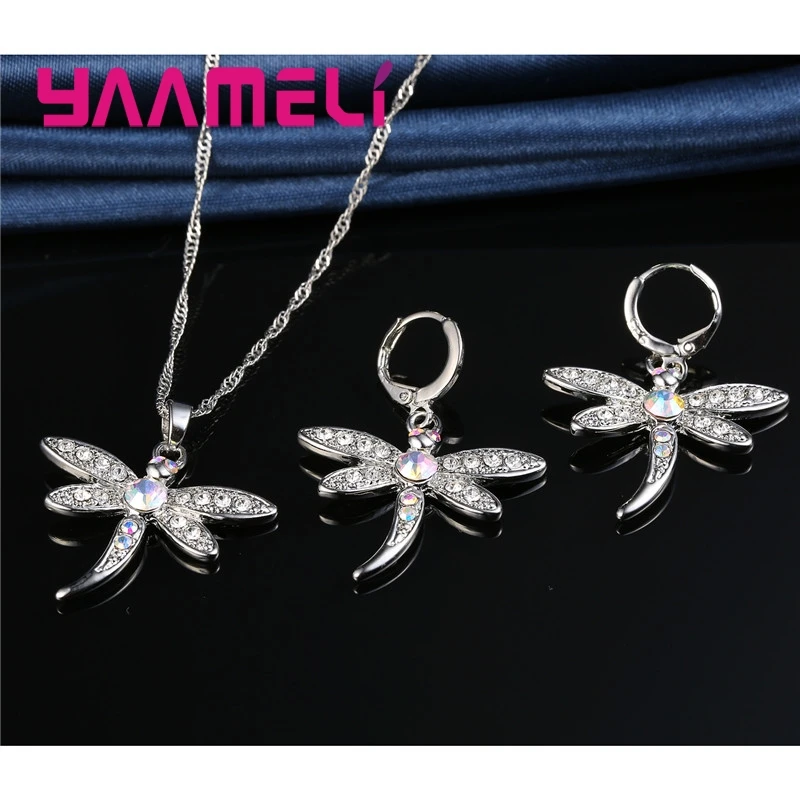 Glitter Colored Cubic Zircon Necklace Earrings Jewelry Sets for Women Girls CZ Crystal Dragonfly Real 925 Sterling Silver Color