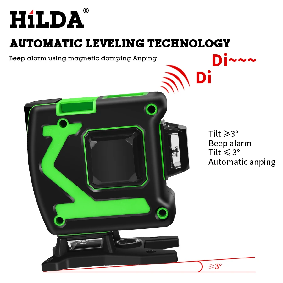 HILDA 3D Laser Level Self-Leveling 360 Horizontal And Vertical Cross Green 12 Lines 3D Rotary Level Laser Horizontal Vertical