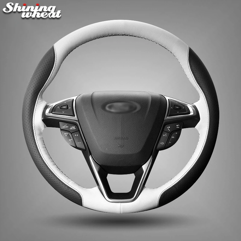 

Shining wheat Black White Leather Steering Wheel Cover for Ford Fusion Mondeo 2013 2014