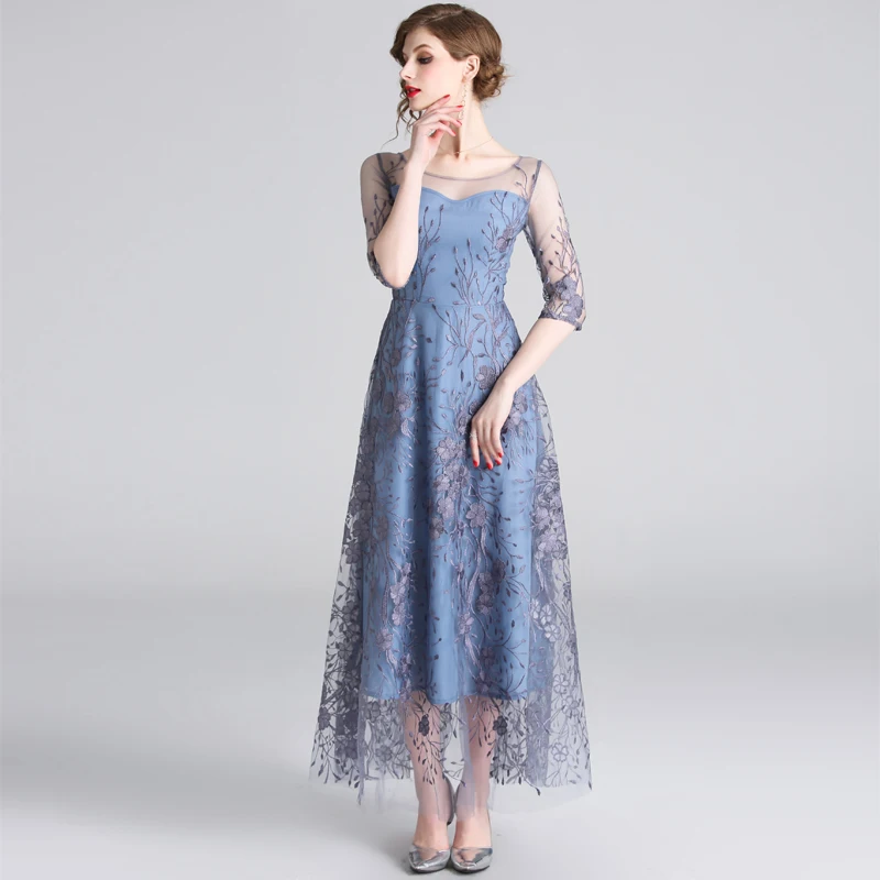 New Style Banquet Noble Temperament Long Mesh Embroidered Dress In 2019 Women Party Dresses