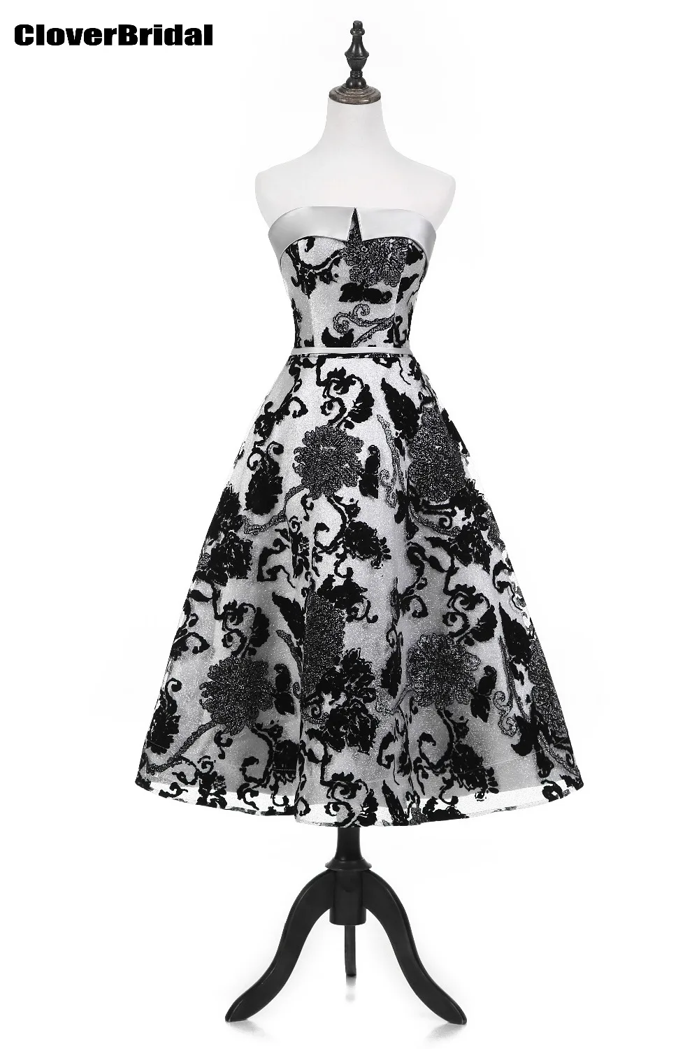 Decote Dobrado Te longitud sin tirantesvestido de festa curto printed flowers floded neckline coctail dress ribbons back 2017