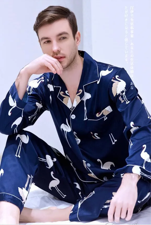 Men's Long-sleeved Suit Set Household Clothes Ice Silk Satin Leisure Sleepwear Students Plus Size All Seasons Nightwear J042