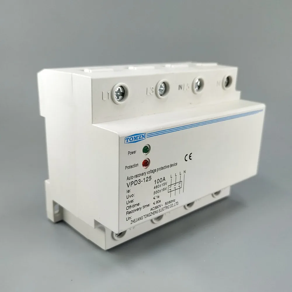 100A 380V Three Phase four wire Din rail automatic recovery over voltage and under voltage protective protection relay