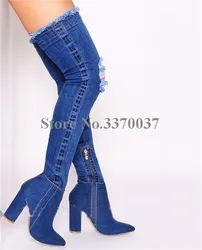 New Fashion Women Slim Style Pointed Toe Denim Over Knee Chunky Heel Boots Bandage Thick Heel Long Boots Causal Boots