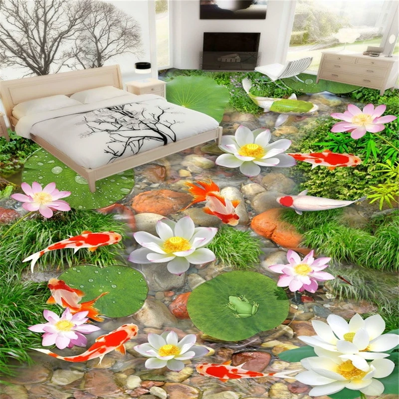 beibehang Lotus goldfish water Custom Floor Wallpaper Toilets Bathroom 3D Floor Sticker Self-adhesive Wall Paper wall paper