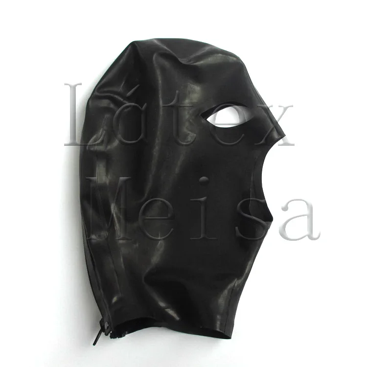 

Latex hoods adult women's rubber masks open eyes and mouth in black color with back zip