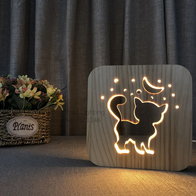 Wooden Lamp Animal Cute kawaii Cat Lamp 3D USB LED Table Light Kitten Meow Wood Carving Lamp for Children Room Decoration