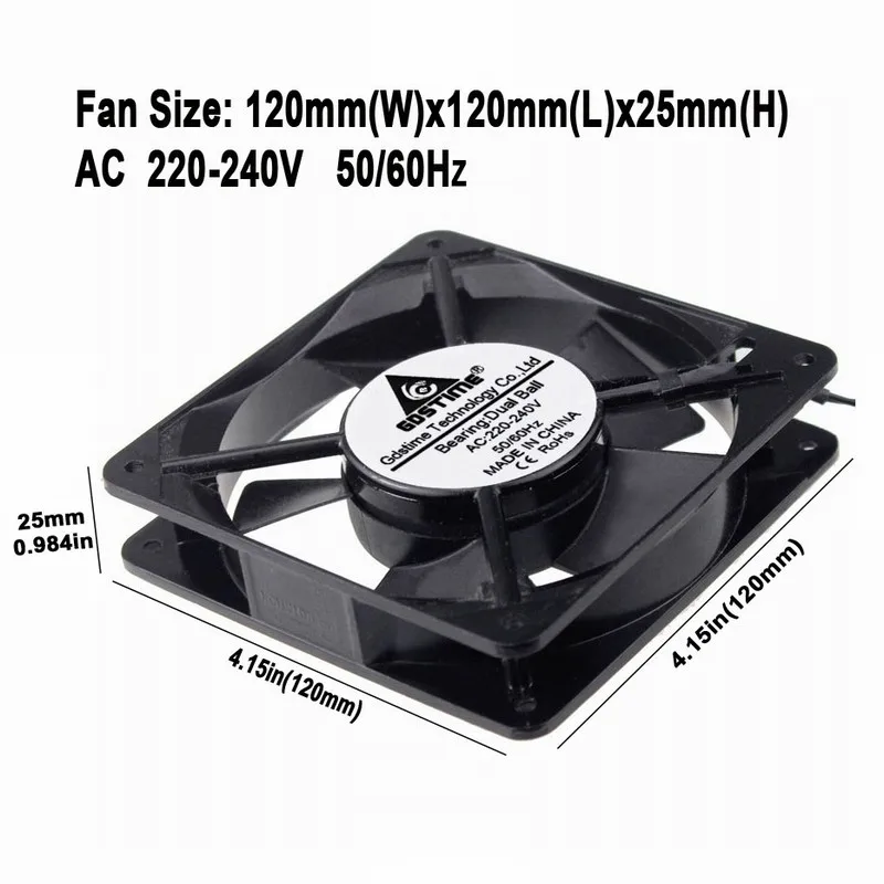 

10 Pcs Gdstime 120mm AC Daul ball Cooling Fan 12cm Cooler Fan 220V 240V AC 120*120*25mm 2-Wire Without Connector 12025s