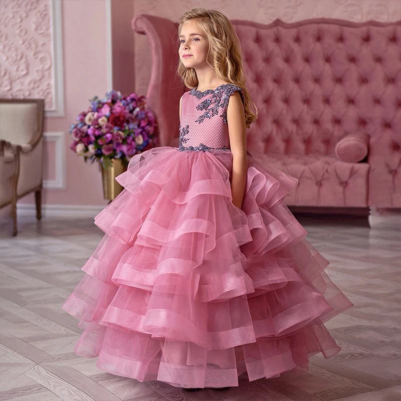 

Vintage flower girl dresses for wedding custom made princess tutu appliqued lace with big bow kids party dress