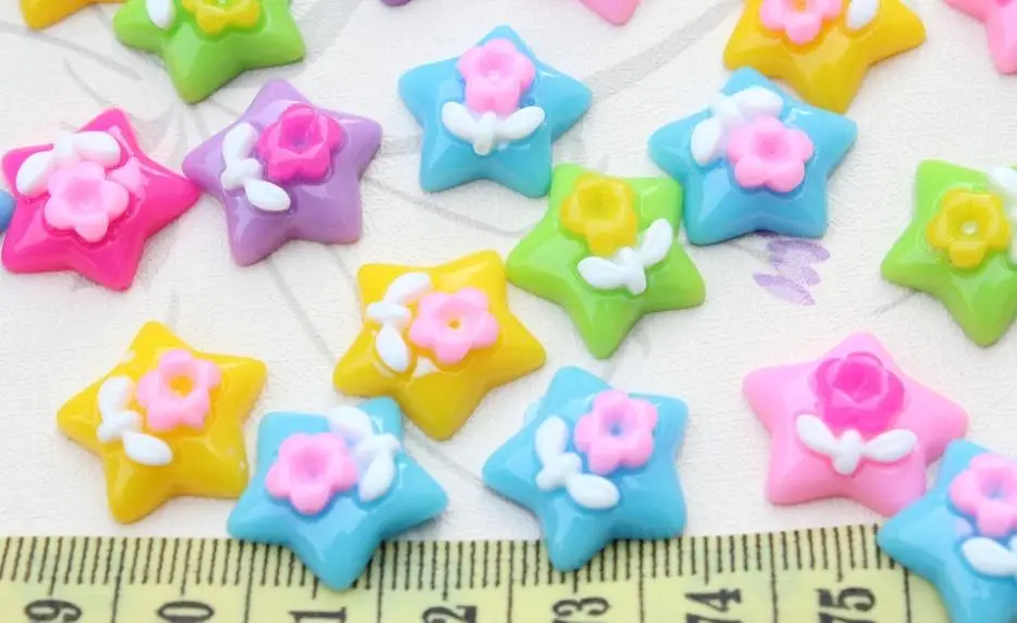 Set of 100pcs mixed 17mm Star with cute sunflower flatback resin Cabochon Cell phone decor, hair accessory, embellishment, DIY