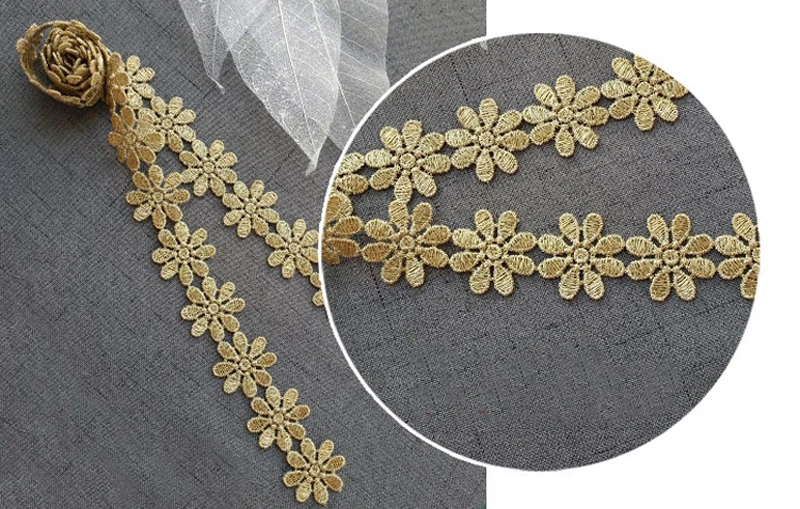 Gold Embroidered Gold Braid Lace Trimming Ribbon Trim, Wedding Applique, DIY Craft, 5Yard