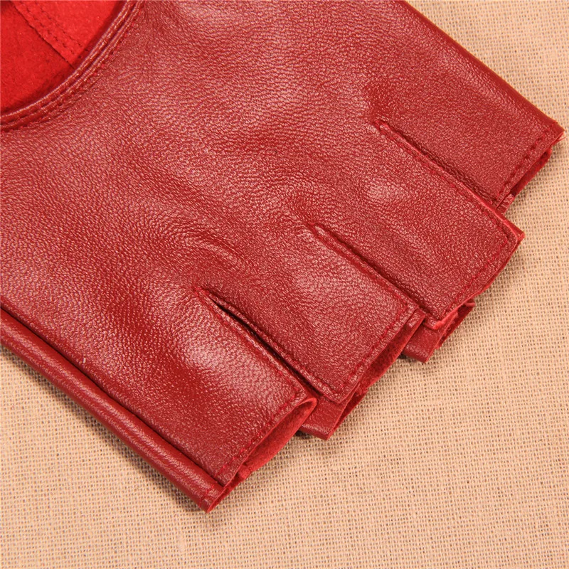 Women Gloves Red Half Finger Genuine Leather Glove Dance Driving Semi-Finger Short Style Free Shipping  JT905