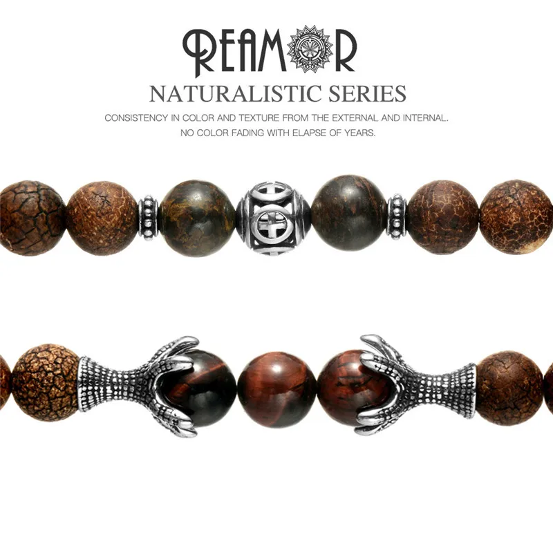 REAMOR Eagle Claw Red Tiger Eye Natural Stone Bracelet for Men Stainless Steel Dragon Claw Beaded Bracelets Jewelry Gift