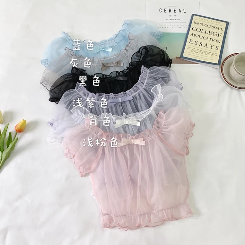 Super fairy Japanese soft dress dresses Lolita lined tops cute lolita inside puff sleeves chiffon shirt tops female summer