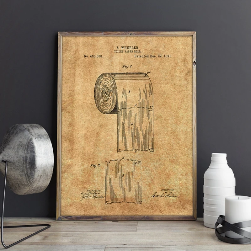 Toilet Paper Patent Vintage Poster Bathroom Wall Art Prints , Roll of Toilet Paper Blueprint Canvas Painting Wc Sign Home Decor