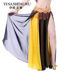 Belly Dance double Colors Chiffon Skirt Performance Belly Dance 2-side Slits Skirt Sexy Women Oriental Belly Dance Skirt NO belt