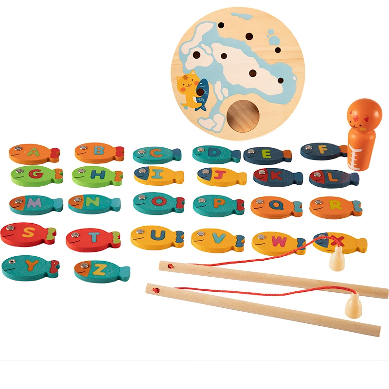 Children's wooden magnetic fishing toy 26 Pcs kitten fishing game quality wood fishing educational toys boy girl's gift